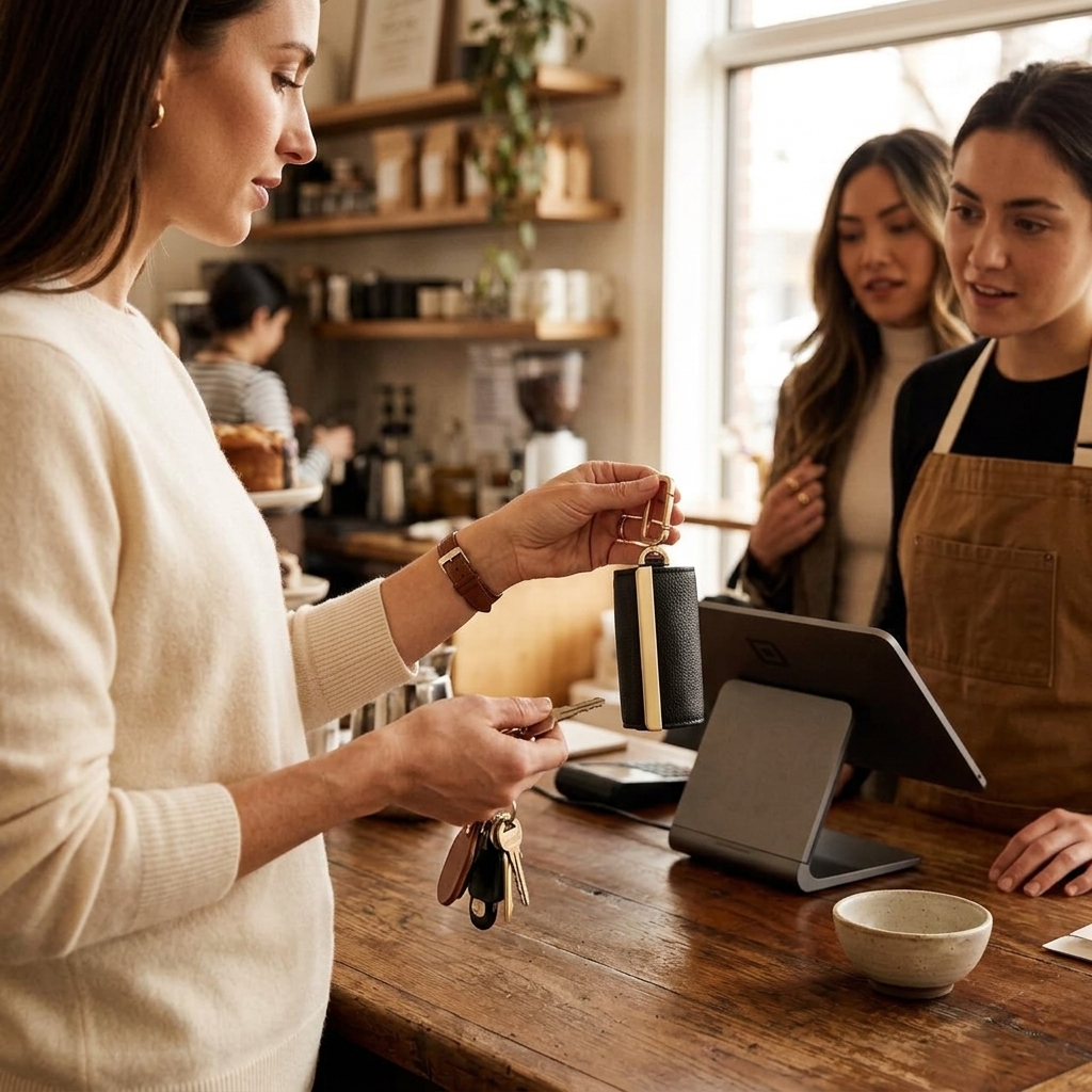 Shopper showing off the sleek keychain bag to a curious barista at a café counter