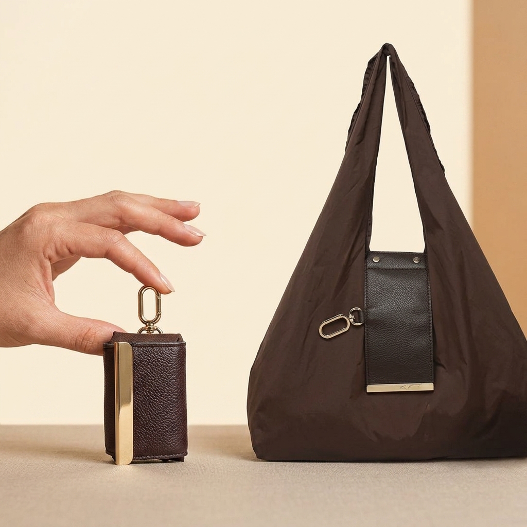 Tiny folded keychain pouch next to the full-size grocery bag it unfolds into