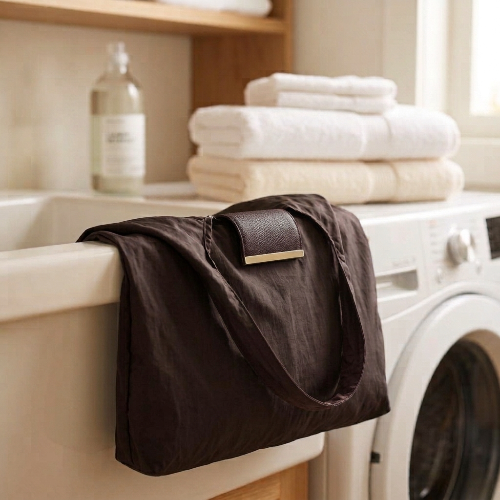 Brown reusable grocery bag draped over a laundry sink with fresh towels and a washing machine in the background