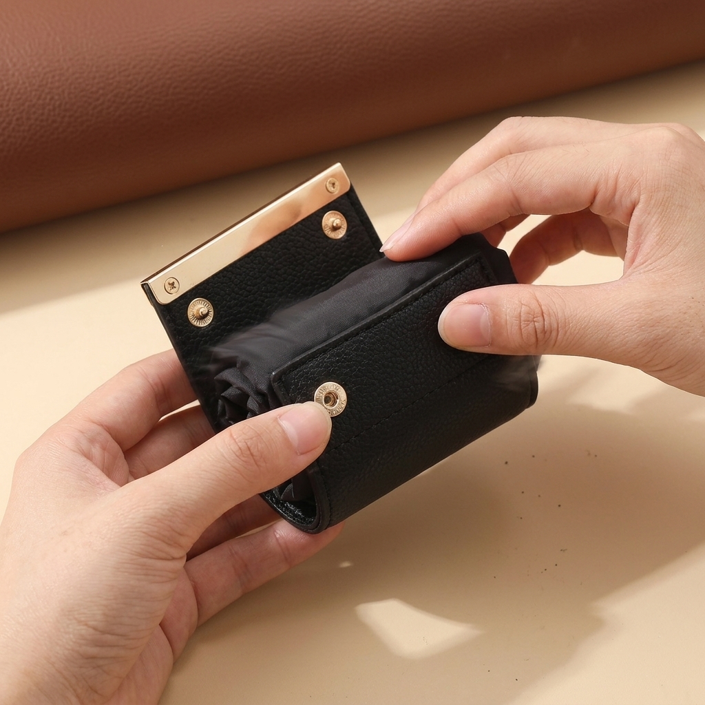 Hands unfolding and re-rolling the compact keychain grocery bag