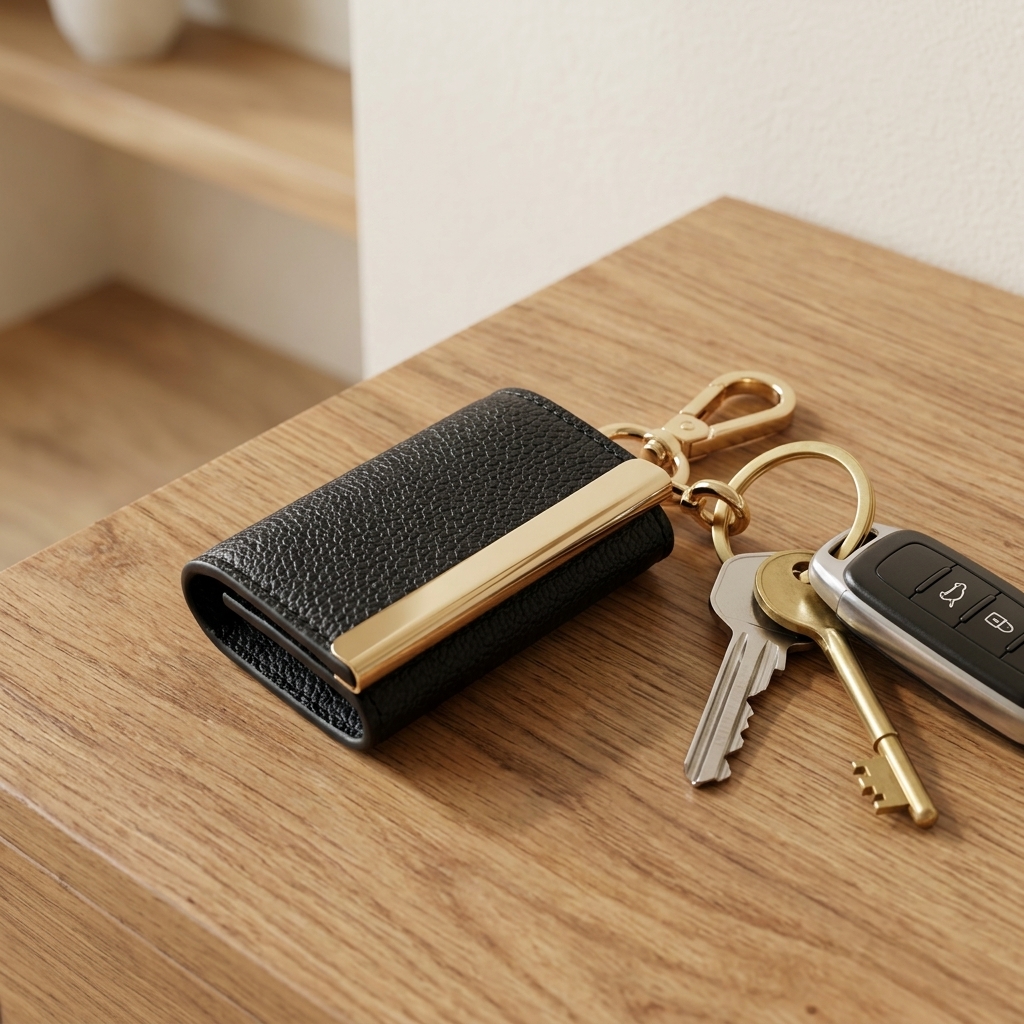 Folded keychain grocery bag clipped to a keyring with a car key on a wooden table