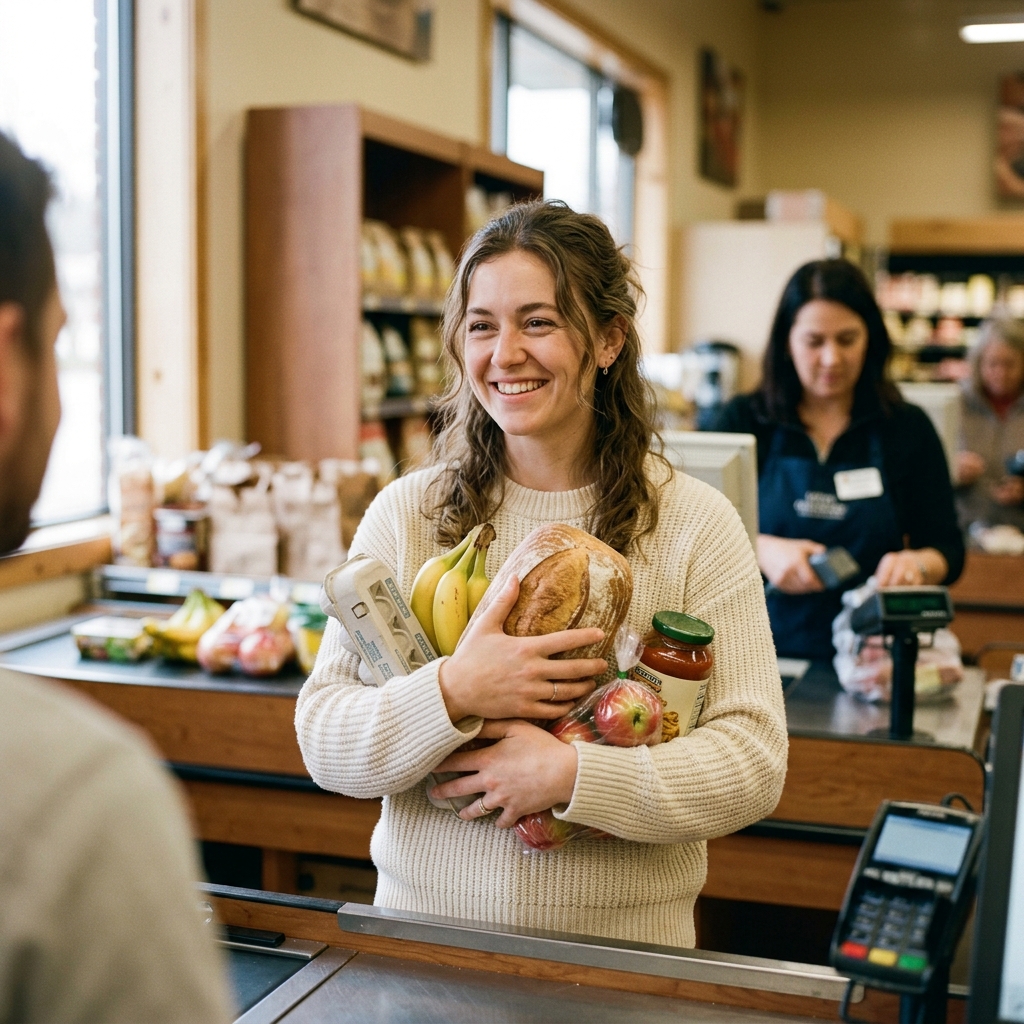 Smiling shopper at the checkout holding groceries in her arms without a bag