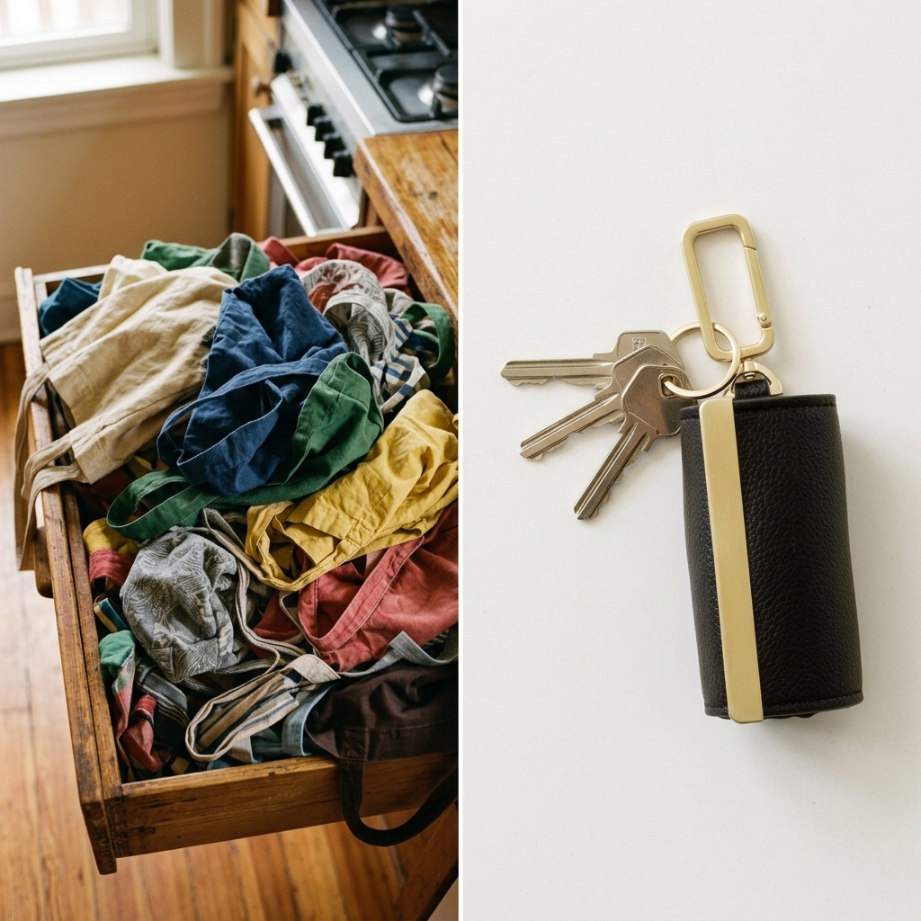 Split image: messy drawer of mismatched tote bags on the left, one clean keychain bag on keys on the right