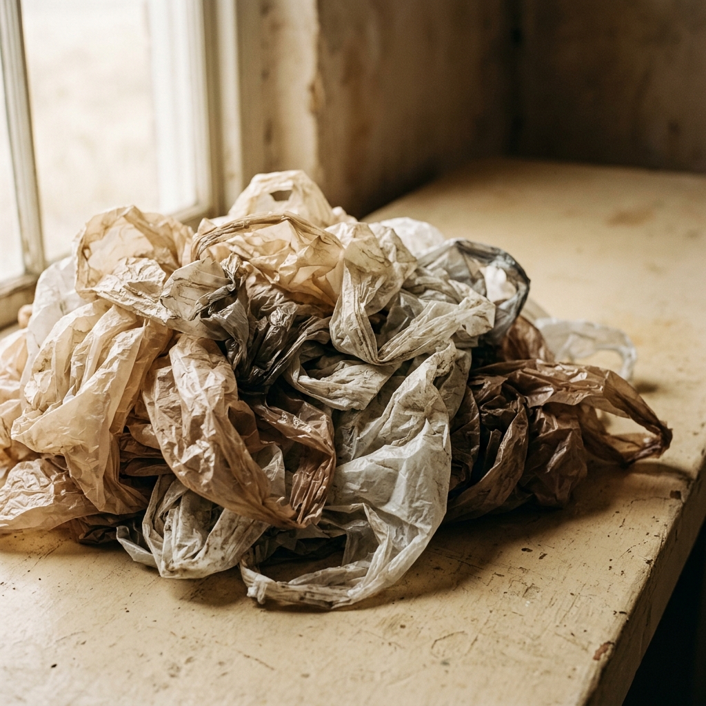 Pile of crumpled single-use plastic grocery bags on a windowsill